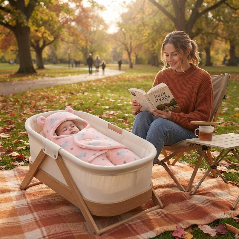 Bébé dort dans son nid d'ange dans la cour arrière avec maman qui lit.