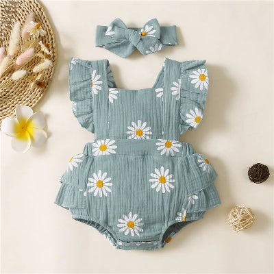 Barboteuse -bébé-Fleurie -bleu