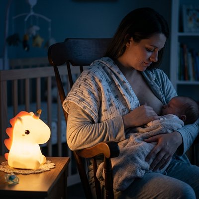 licorne veilleuse sur table éclaire maman allaitement