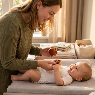 Maman donne sucette bebe coucher table langer