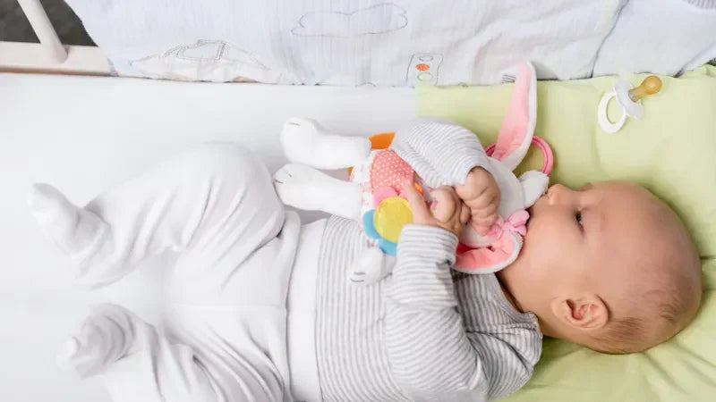 bébé 3 mois dans berceau avec peluche