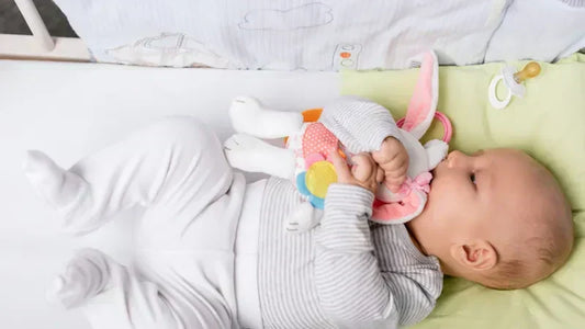 bébé 3 mois dans berceau avec peluche
