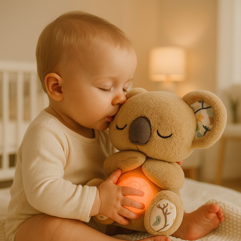 bébé qui embrasse tendrement sa peluche Koala qui respire
