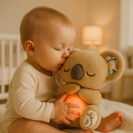 bébé qui embrasse tendrement sa peluche Koala qui respire