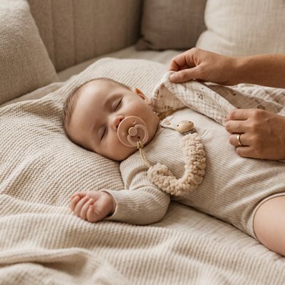 Accroche-tetine-Kaki-sérénité-sur-bébé