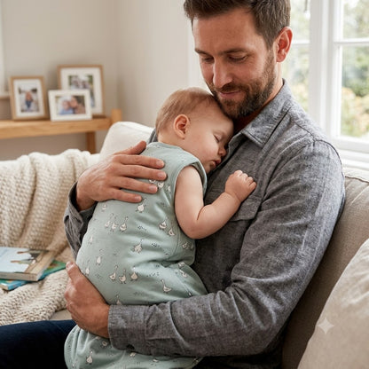 Bébé dort dans les bras de papa dans sa gigoteuse bébé