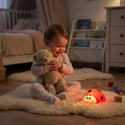 Bébé assis près de son lit avec son ourson regarde sa veilleuse enfant