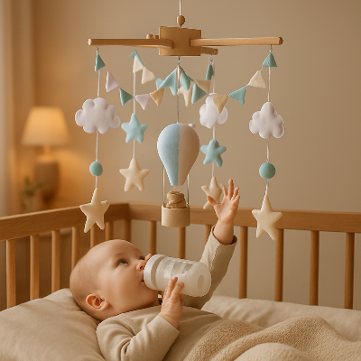 Bébé boit au biberon et touche son mobile bébé