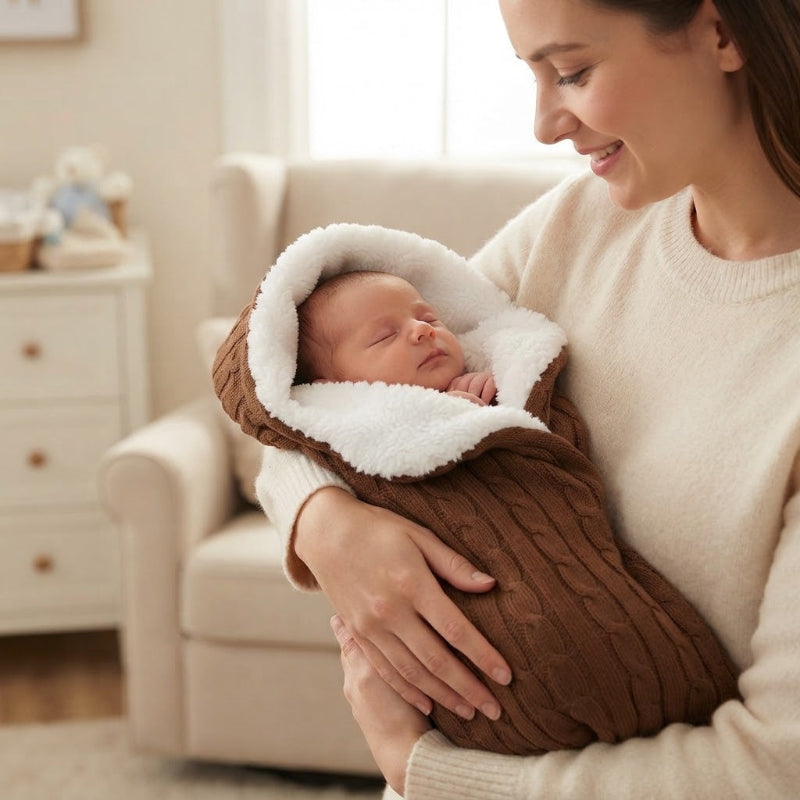 Bébé dans les bras, maman dans son nid d'ange cosy
