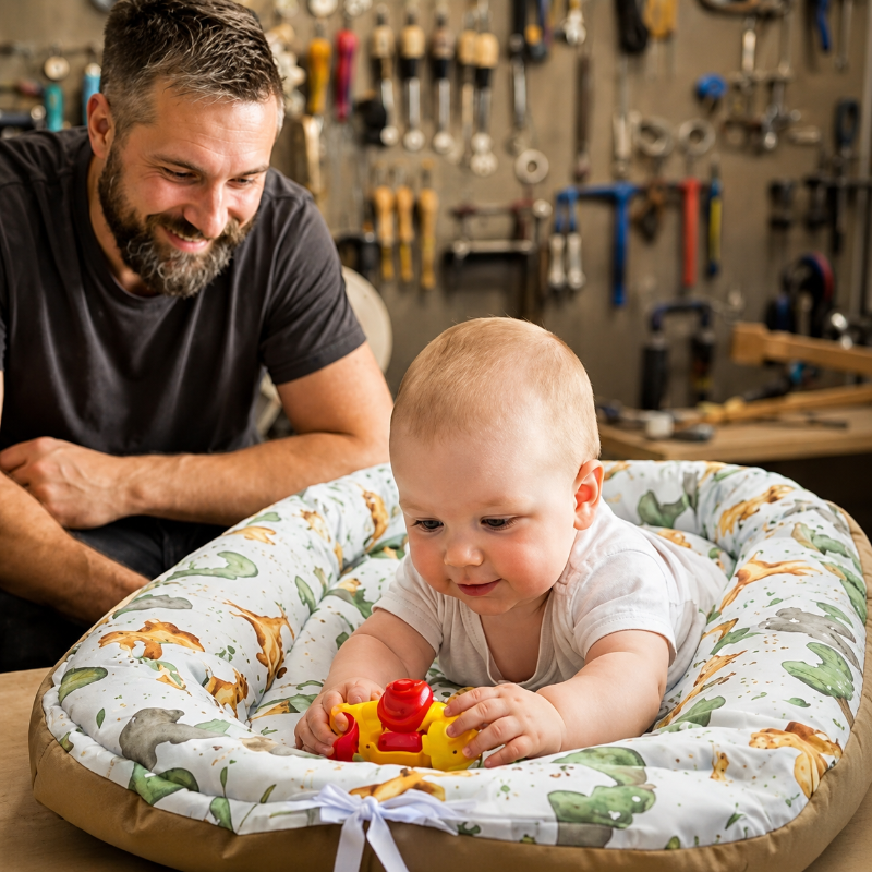 Bébé dans son reducteur de lit 6 12 mois dans l'atelier avec papa
