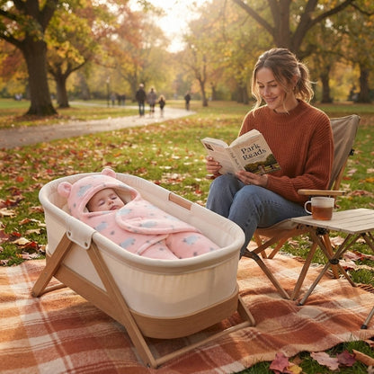 Bébé dort dans son nid d'ange dans la cour arrière avec maman qui lit.