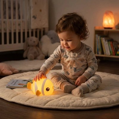 Bébé qui touche à sa veilleuse BEBE