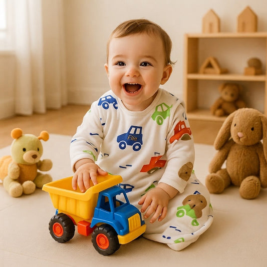 Bébé s'amuse avec un camion dans sa gigoteuse bebe hiver