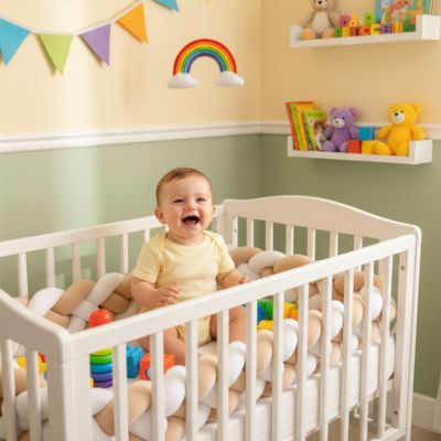 Bébé assis berceau souriant avec tresse de lit bebe