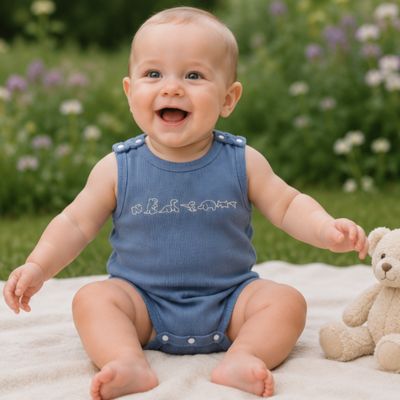 Baboteuse bleu sans manche avec bébé dehors