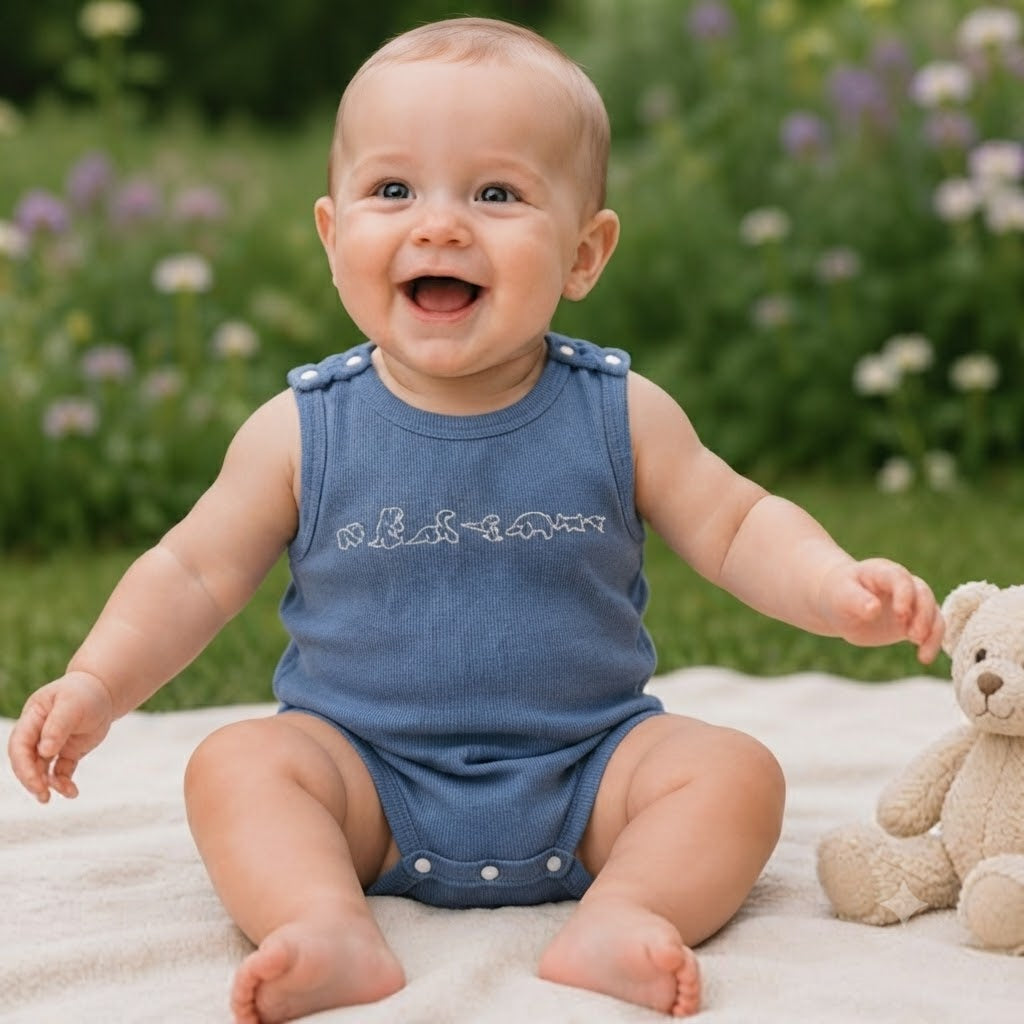 Baboteuse  bleu  sans  manche  avec  bébé dehors