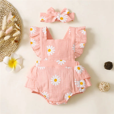Barboteuse-bébé-rose-en-coton-avec-marguerite-et-bandeau-