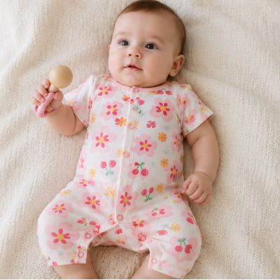 Barboteuse-bébé-fille-calme-joue-hochet