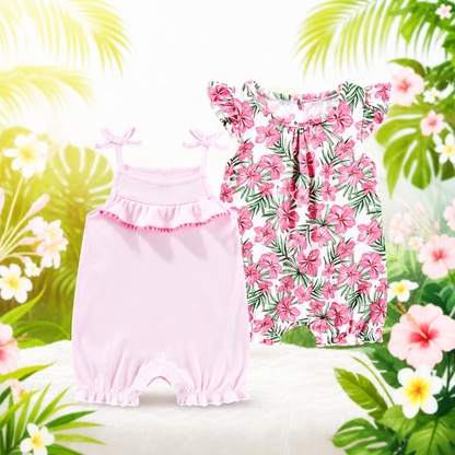 Barboteuse fille rose unie et fleurs