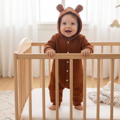 Barboteuse-hiver-marron-à-capuchon-bébé-debout-berceau
