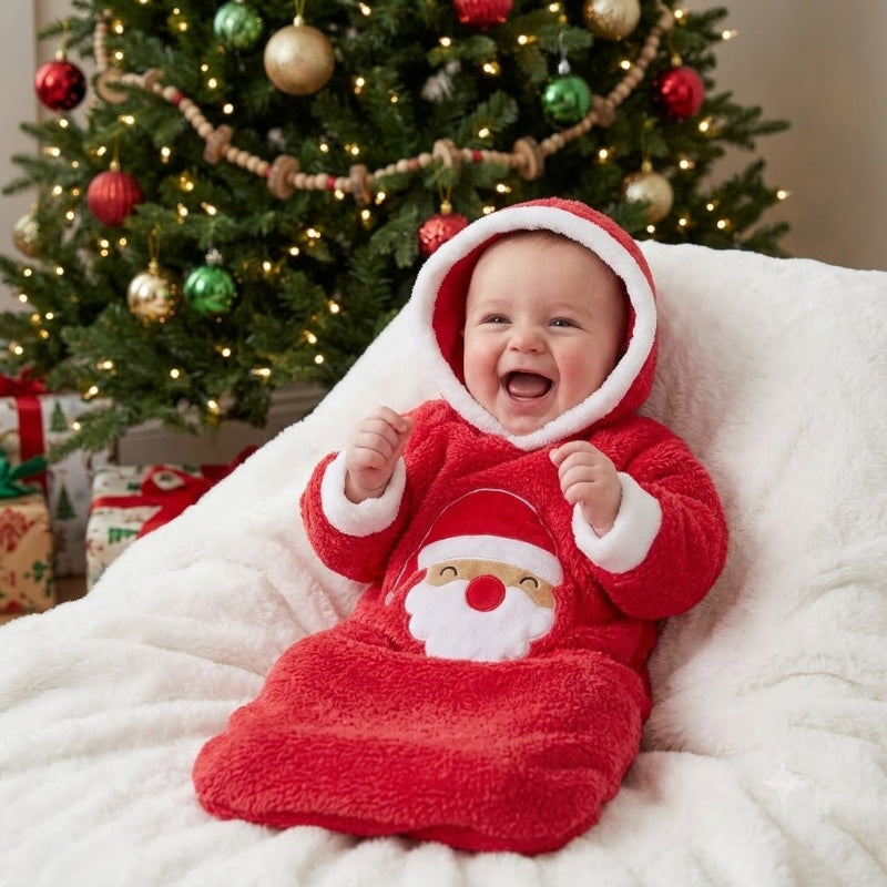 Bébé assis rigole dans sa gigoteuse Bebe Noël