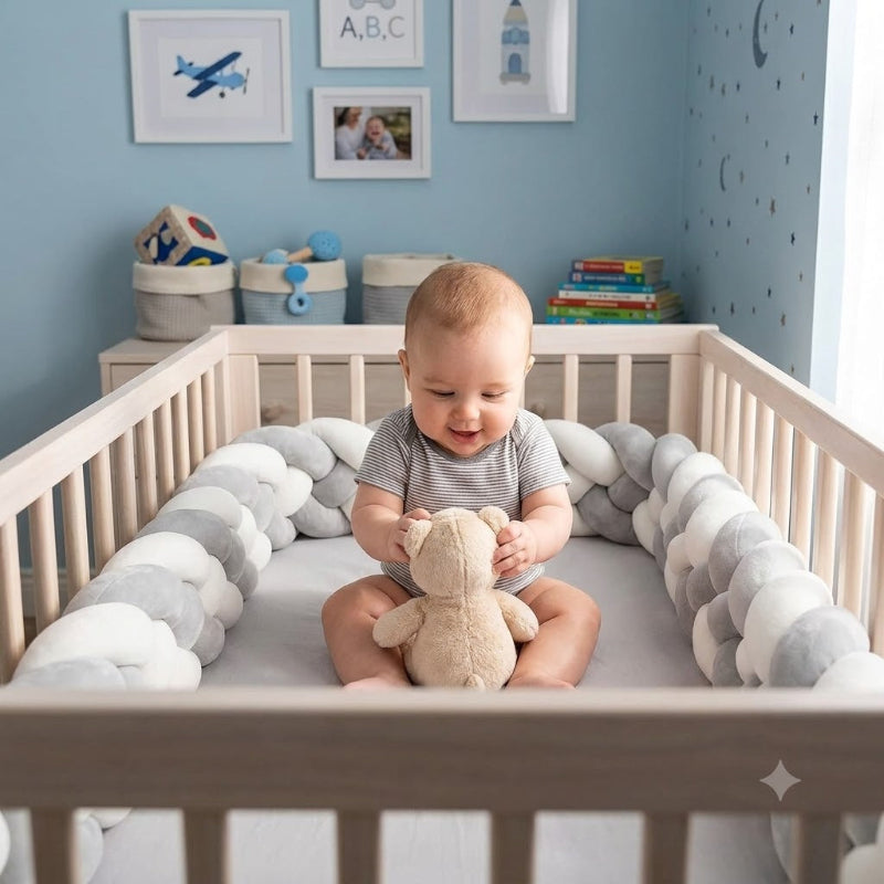 Bébé avec son ourson et tresse de lit bébé