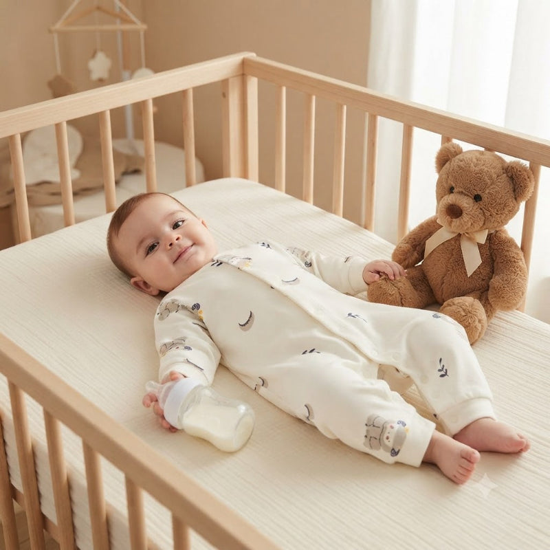 Bébé dans berceau avec biberon dans sa barboteuse bébé
