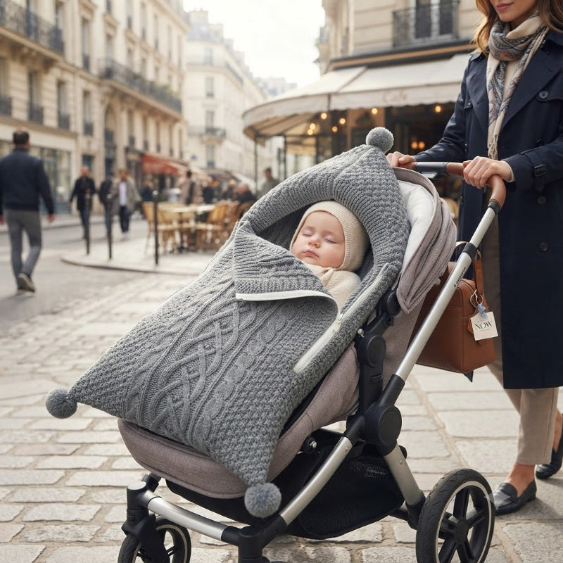 Bébé dans son nid d Ange cosy en poussette, en promenade avec maman