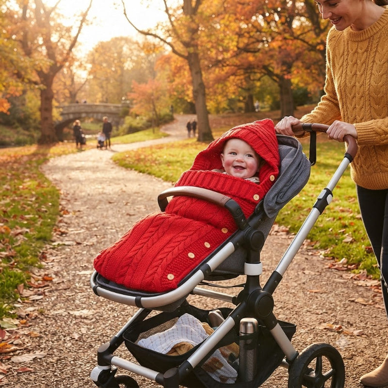 Bébé dans son nid d'ange bébé rouge apprécie sa promenade en poussette 