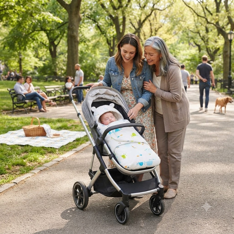 Bébé dans son nid d'ange en promenade avec Maman et Mamie