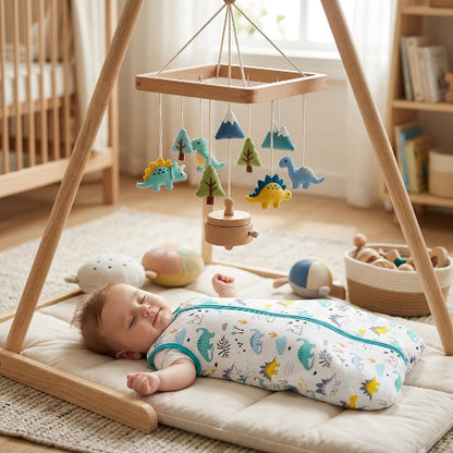 Bébé dort dans son aire de jeux sous mobile dans sa gigoteuse.été