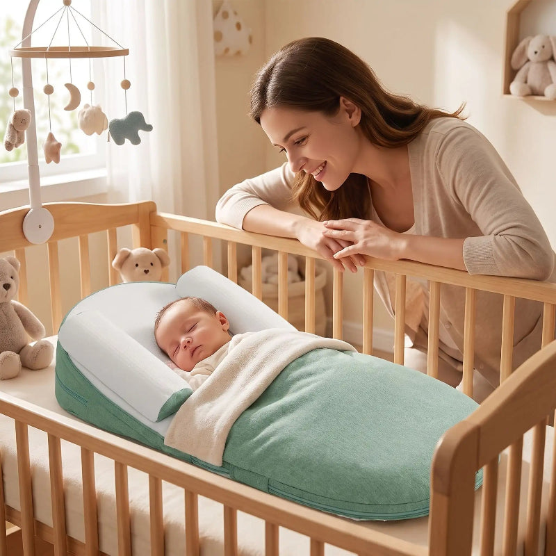 Bébé dort dans son cocon bébé sous le regard de maman