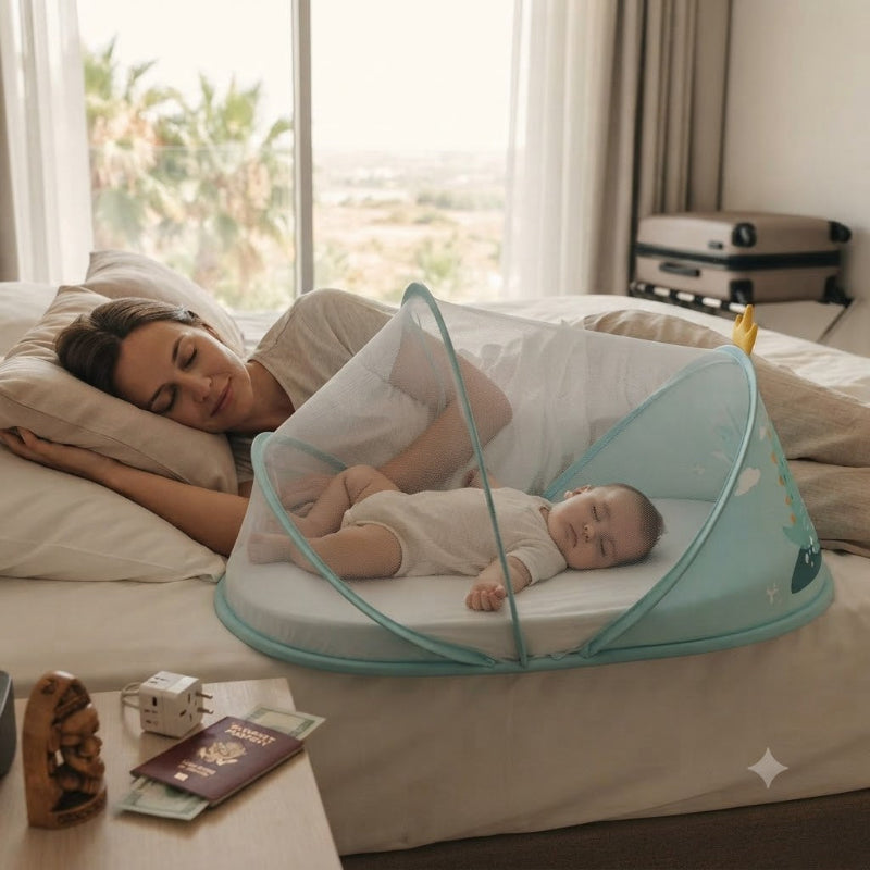 Bébé dort dans son moustiquaire pour cododo avec maman à l'hôtel.