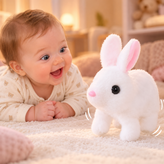 Bébé émerveillé par sa peluche interactive, le lapin sauteur