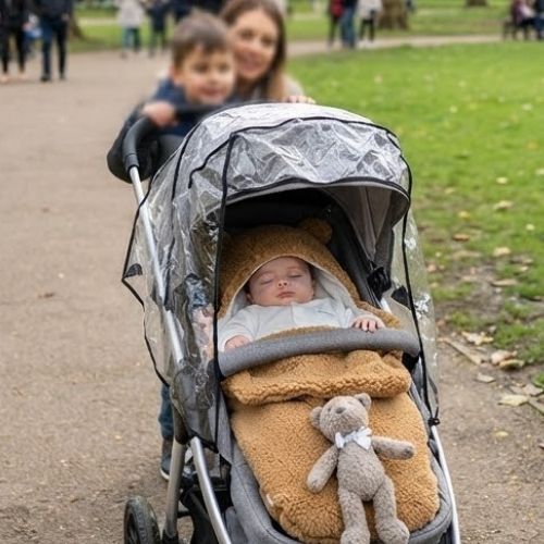 Bébé en poussette avec frère et maman dort dans nid d'ange