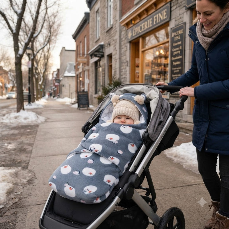 Bébé en promenade en poussette avec maman dans son nid d'ange cosy