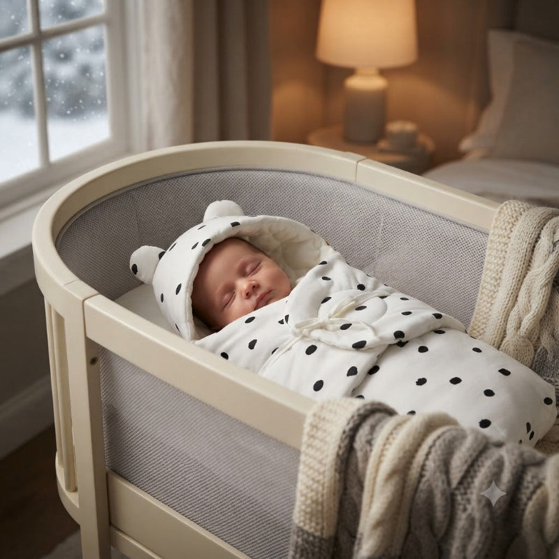 Bébé qui dort dans son berceau dans son nid dange bebe picot noir
