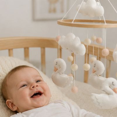 Bébé qui regarde son mobile lit bebe cygne blanc