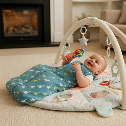 Bébé s'amuse avec son hochet dans sa gigoteuse bébé hiver