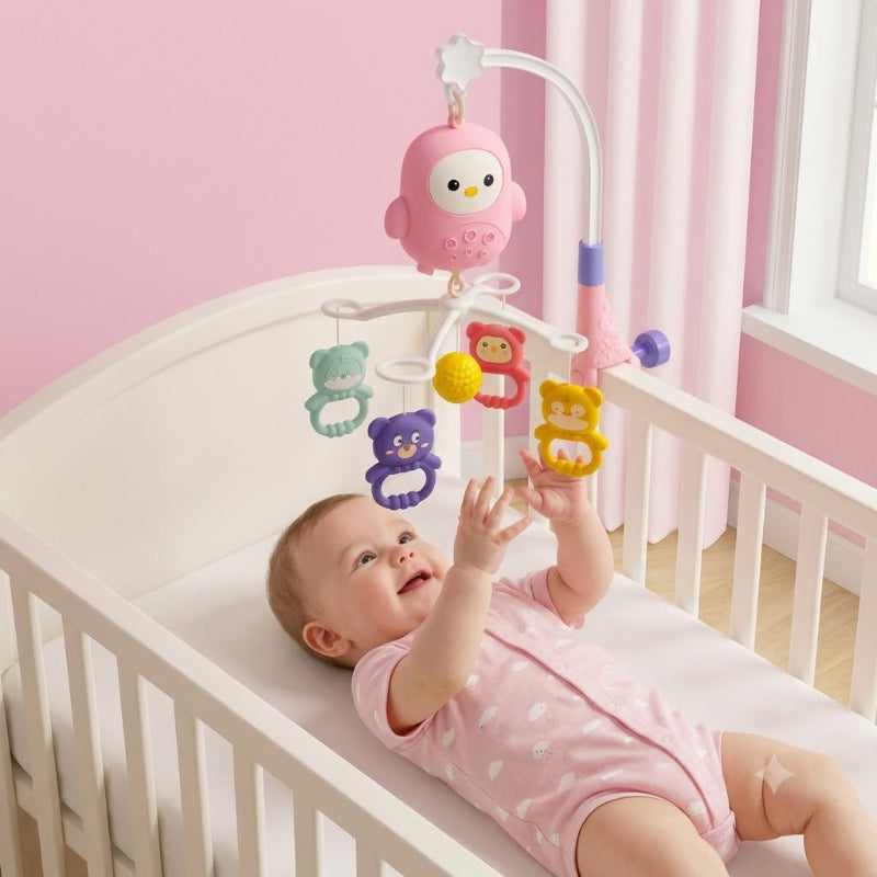 Bébé trop contente de jouer avec son mobile bebe