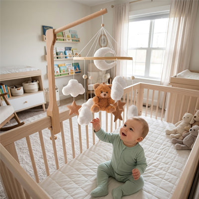 Bébé veut attraper son mobile bebe ourson