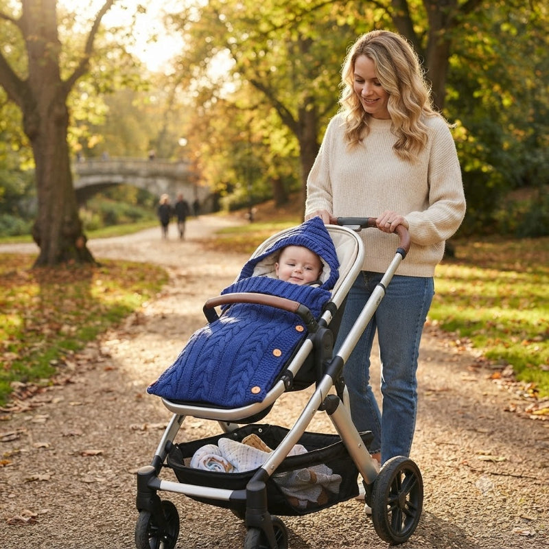 Bébé dans son nid d'ange bébé bleu en promenade avec maman