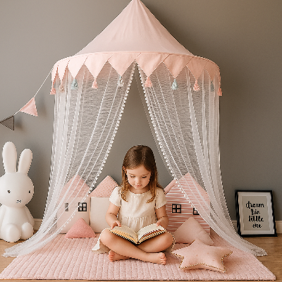 Ciel-de-lit-mural-rose-avec-jeune-fille