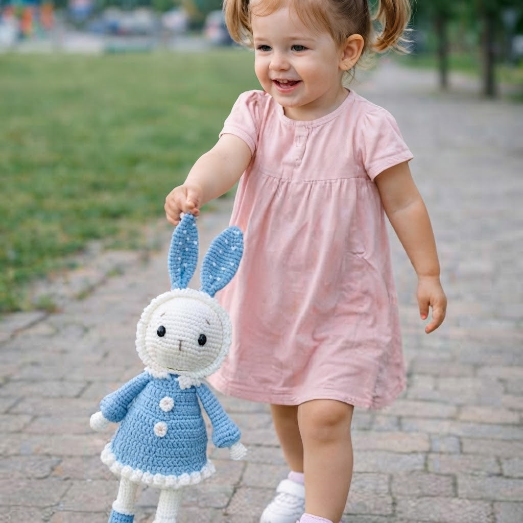 Doudou lapin bleu avec fillette dehors