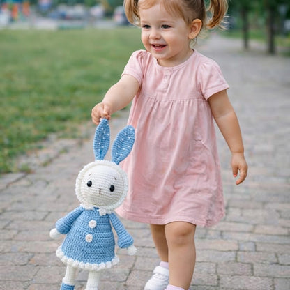 Doudou lapin bleu avec fillette dehors