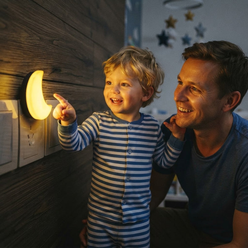 Léo montre à papa sa veilleuse murale bebe lune