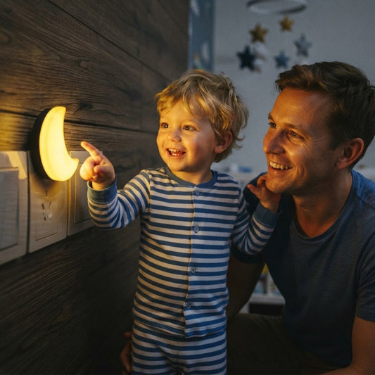 Léo montre à papa sa veilleuse murale bebe lune
