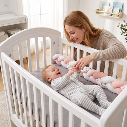Maman amuse bébé dans son berceau avec tresse de lit bebe