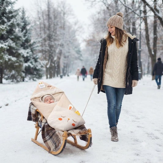 Maman avec bébé dans la luge dans son nid d'ange bébé en promenade une journée douce d'hiver