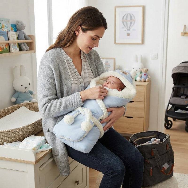 Maman avec son nouveau-né dans son nid d'ange, prête pour une promenade.